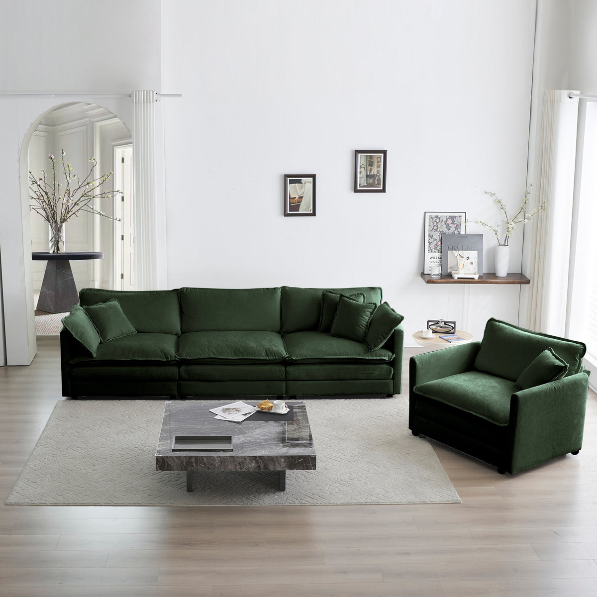 Sofa Set Of 3, 1 1 3 Seats Living Room Sofa Set, Accent Chair, Loveseat, And Three Seat Sofa Modern Style Round Arms 3 Piece Sofa Set, Green Chenille Green Chenille 5 Seat