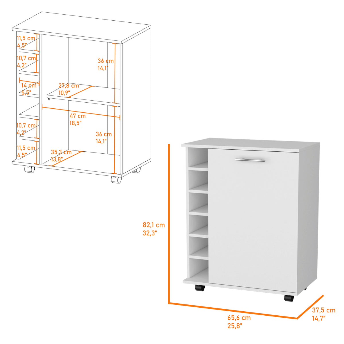 Rawlins Bar Cart With 6 Bottle Rack, Storage Cabine And Mobile Caster Wheels 5 Or More Spaces White Primary Living Space Wood Shelves Modern Pine Particle Board Engineered Wood
