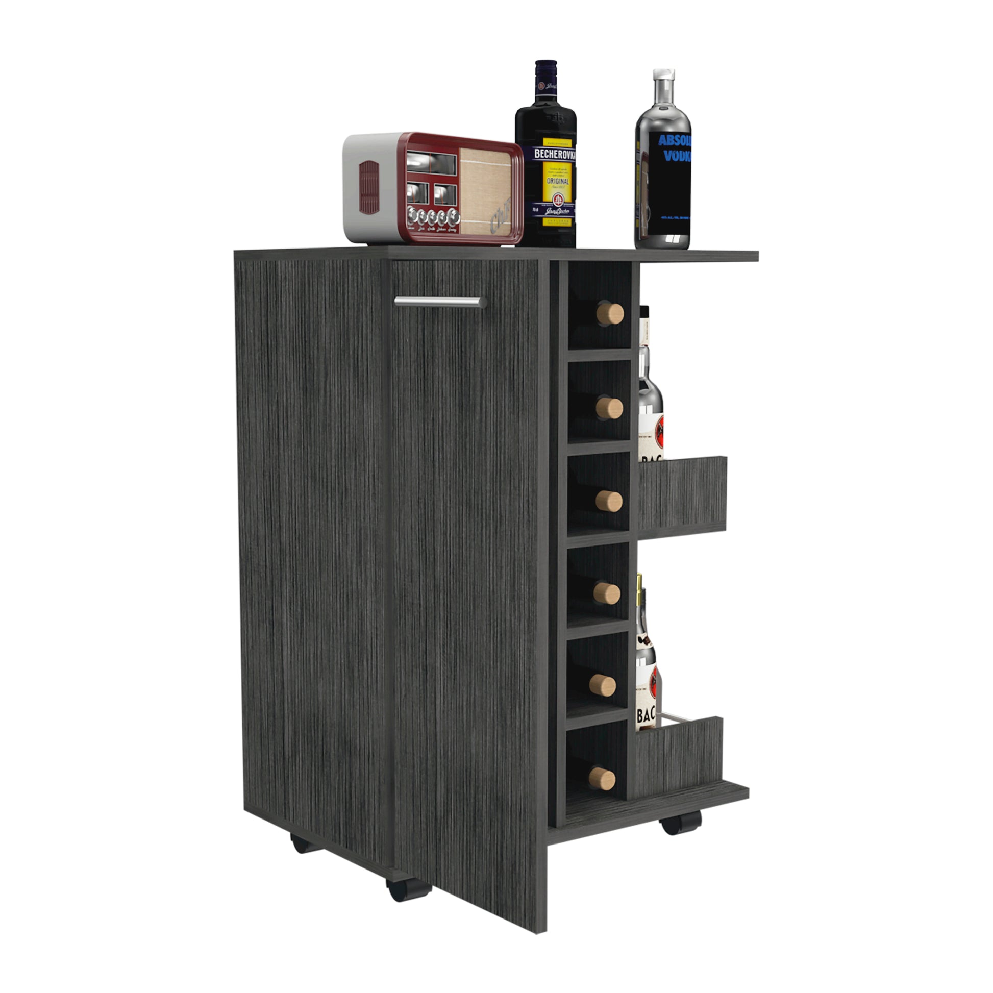 Tennessee Bar Cart Made Of Particle Board With 1 Cabinet With Division, 6 Cubbies For Liquor And 2 Shelves Mobile Carts 5 Or More Spaces Smoke Primary Living Space Open Storage Space Modern Pine