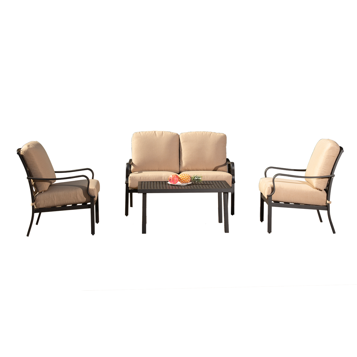 Outdoor 4 Pcs Patio Conversation Set, Metal Dining Table And Chairs Dining Set With Removable Beige Cushions For Garden Lawn Yard Beige Metal