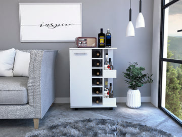 Tennessee Bar Cart, One Cabinet With Division, Six Cubbies For Liquor, Two Shelves Mobile Carts 5 Or More Spaces White White Primary Living Space Open Storage Space Modern Pine Particle Board Engineered Wood