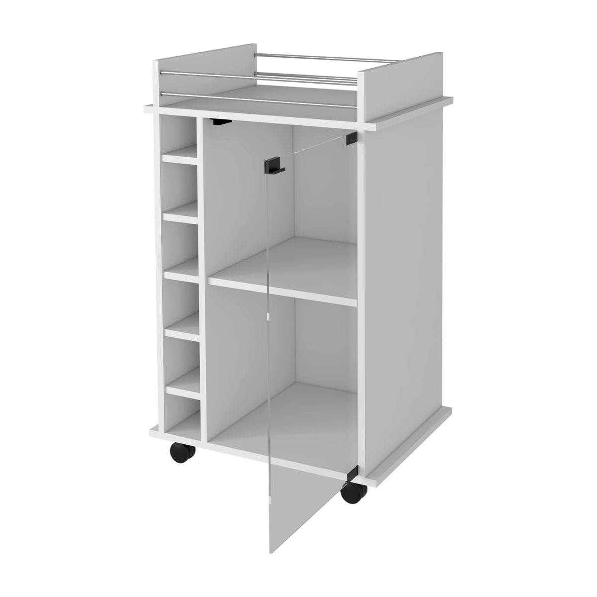 Vegas Bar Cart, Two Tier Cabinet With Glass Door, Six Cubbies For Liquor White Particle Board Engineered Wood