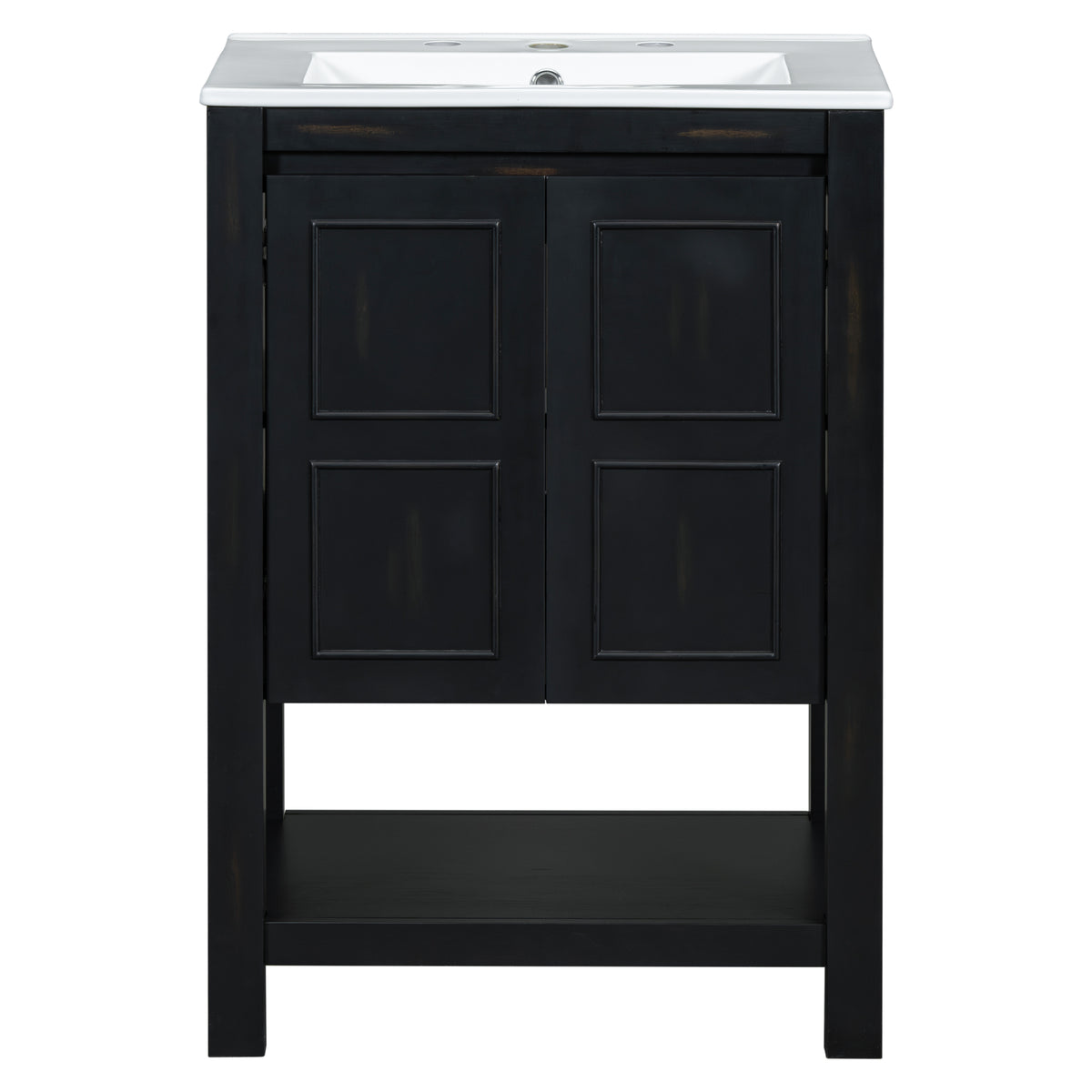 24X18.3X34.7 Inches Compact Vintage Style Bathroom Vanity Cabinet And Ceramic Sink Combo With Open Shelf 2 Soft Close Doors Espresso Bathroom Solid Wood Mdf