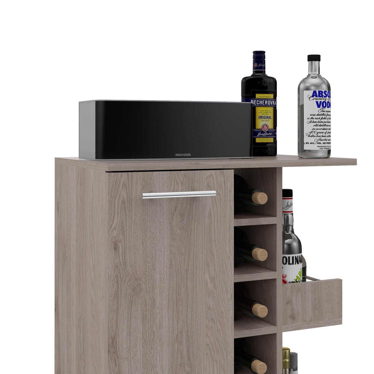 Tennessee Bar Cart, One Cabinet With Division, Six Cubbies For Liquor, Two Shelves 5 Or More Spaces Light Gray Primary Living Space Open Storage Space Modern Pine Particle Board Engineered Wood