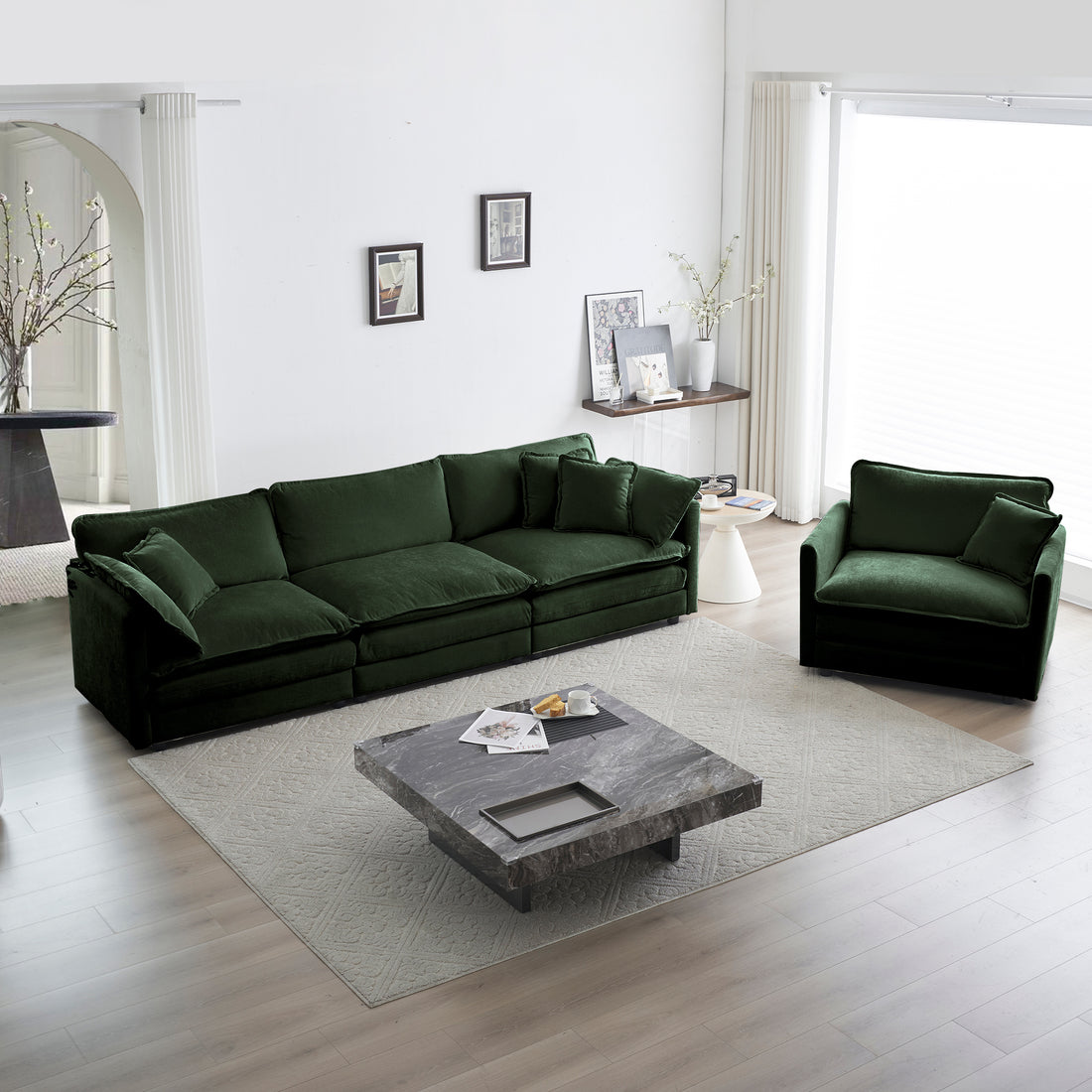 Sofa Set Of 3, 1 1 3 Seats Living Room Sofa Set, Accent Chair, Loveseat, And Three Seat Sofa Modern Style Round Arms 3 Piece Sofa Set, Green Chenille Green Chenille 5 Seat