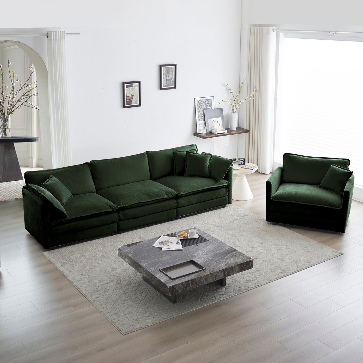 Sofa Set Of 3, 1 1 3 Seats Living Room Sofa Set, Accent Chair, Loveseat, And Three Seat Sofa Modern Style Round Arms 3 Piece Sofa Set, Green Chenille Green Chenille 5 Seat
