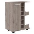 Tennessee Bar Cart, One Cabinet With Division, Six Cubbies For Liquor, Two Shelves 5 Or More Spaces Light Gray Primary Living Space Open Storage Space Modern Pine Particle Board Engineered Wood