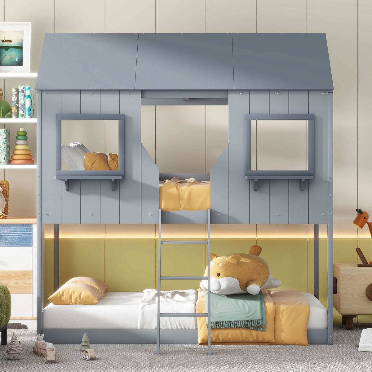 Twin Over Twin Bunk Bed Wood Bed With Roof, Window, Guardrail, Ladder Gray Old Sku :Lt000045Aae Twin Gray Solid Wood
