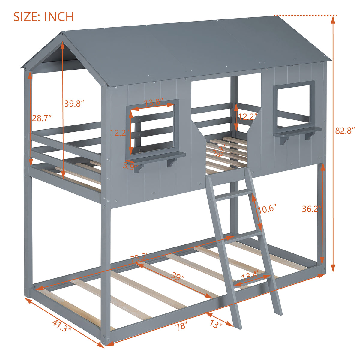 Twin Over Twin Bunk Bed Wood Bed With Roof, Window, Guardrail, Ladder Gray Old Sku :Lt000045Aae Twin Gray Solid Wood