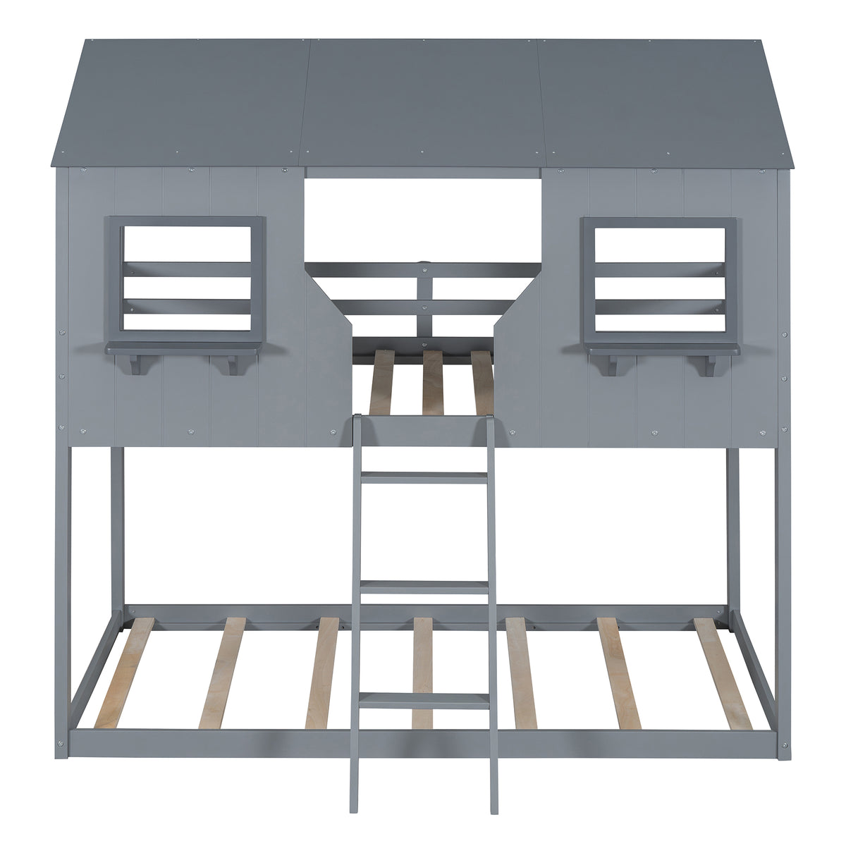 Twin Over Twin Bunk Bed Wood Bed With Roof, Window, Guardrail, Ladder Gray Old Sku :Lt000045Aae Twin Gray Solid Wood