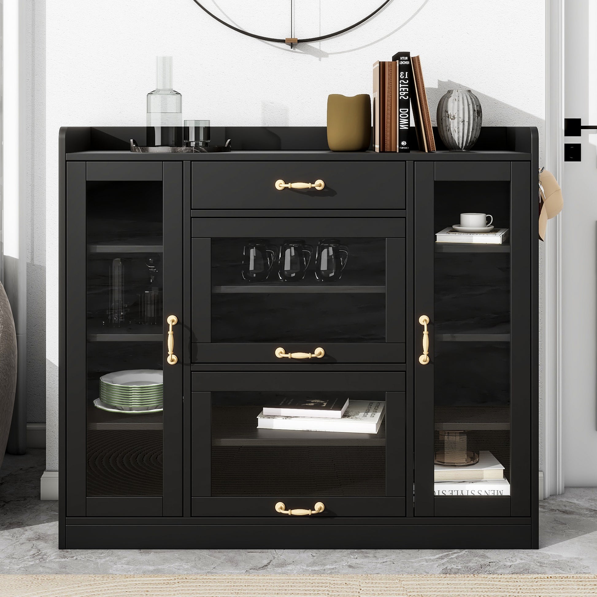 Modernist Side Cabinet With 4 Glass Doors & 3 Hooks, Freestanding Shoe Rack With Multiple Adjustable Shelves, Versatile Display Cabinet With Gold Handles For Hallway, Living Room, Black 5 Or More Spaces Black Primary Living Space Adjustable Shelves