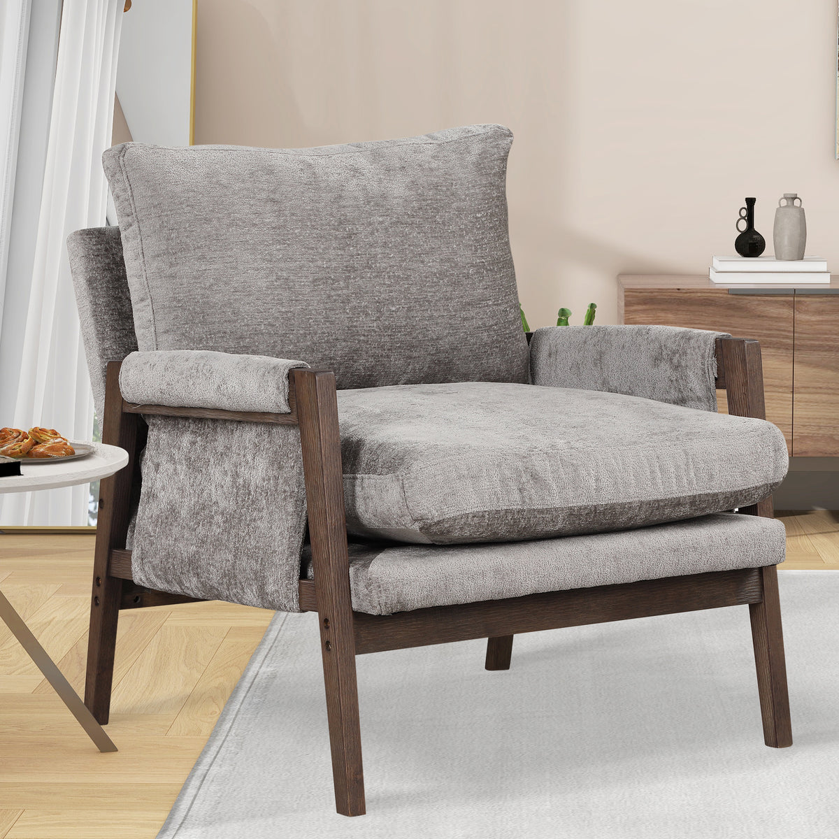 Kelly Mid Century Modern Velvet Accent Armchair, Gray Gray Espresso Primary Living Space Mid Century Modern Rubberwood Rubberwood Velvet
