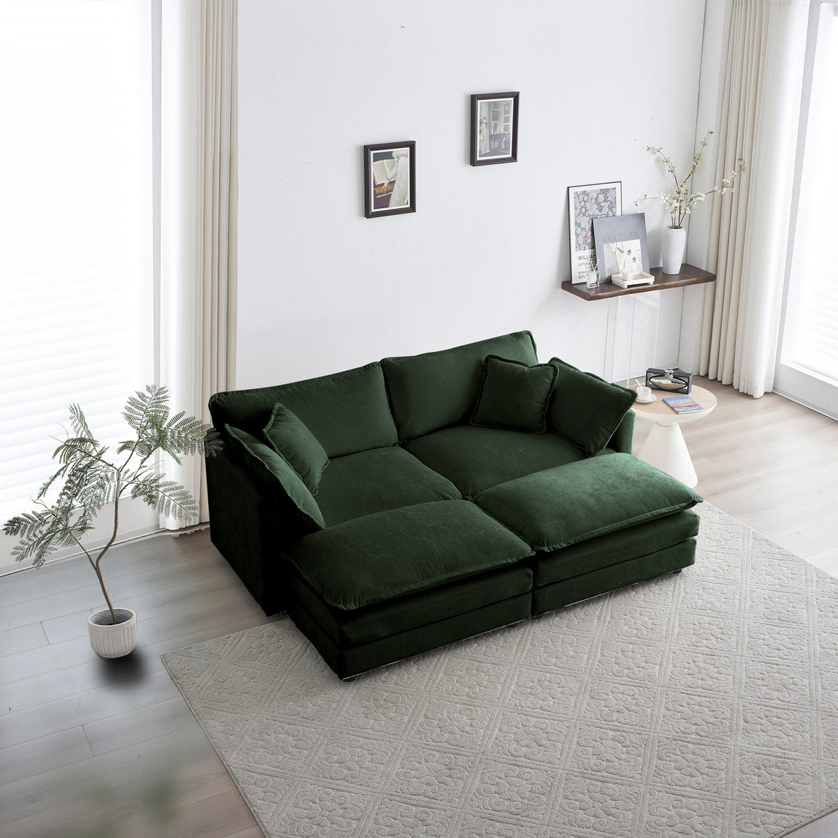 4 Piece Upholstered Sectional Sofa, 1 Piece Of 2 Seater Sofa And 2 Piece Of Ottomans2 Seater Loveseat Lounge With Ottomansgreen Chenille Green Chenille 2 Seat