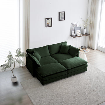 4 Piece Upholstered Sectional Sofa, 1 Piece Of 2 Seater Sofa And 2 Piece Of Ottomans2 Seater Loveseat Lounge With Ottomansgreen Chenille Green Chenille 2 Seat