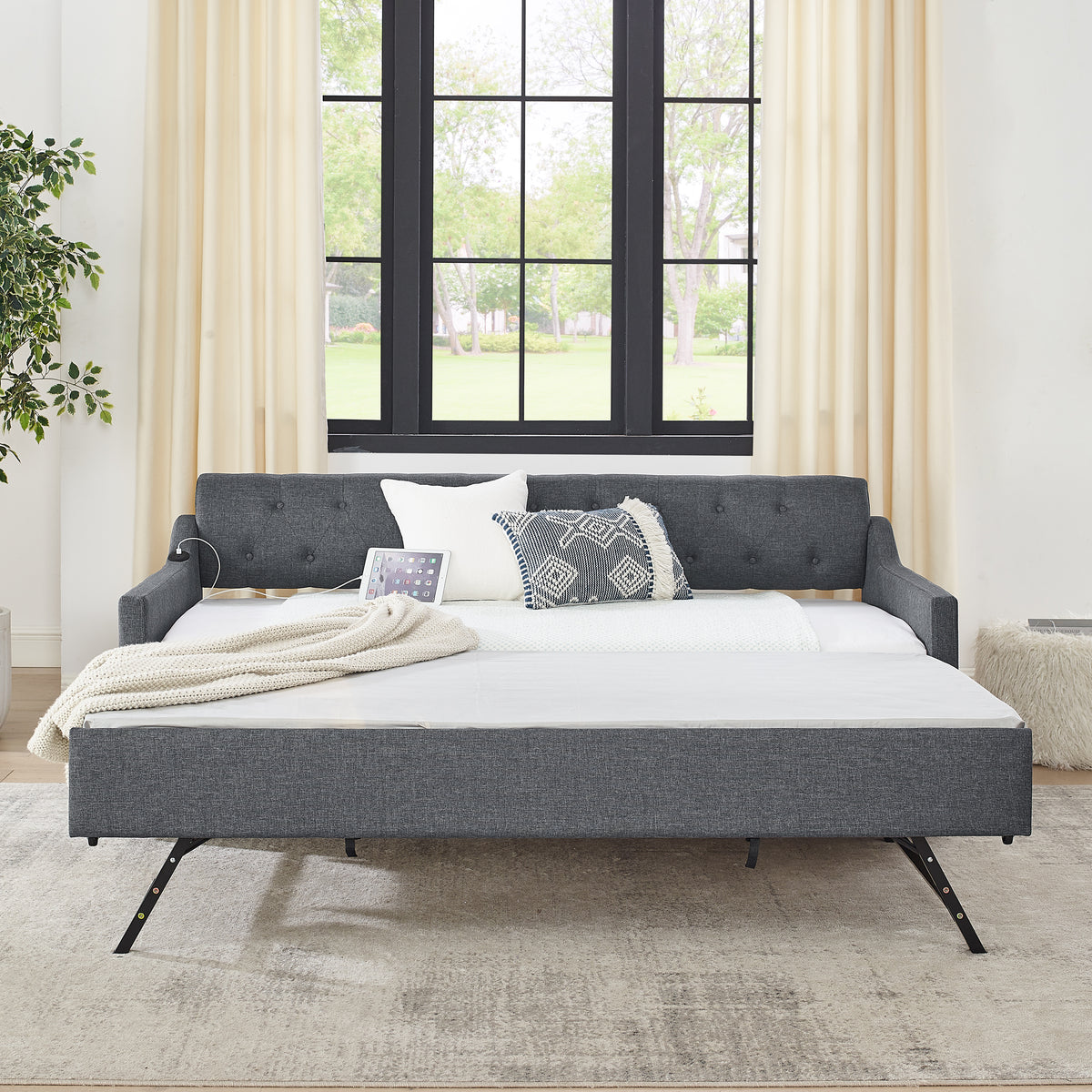 Twin Size Upholstery Daybed With Twin Size Erectable Trundle And Usb Charging Design, Linen Dark Gray Twin Dark Gray Linen