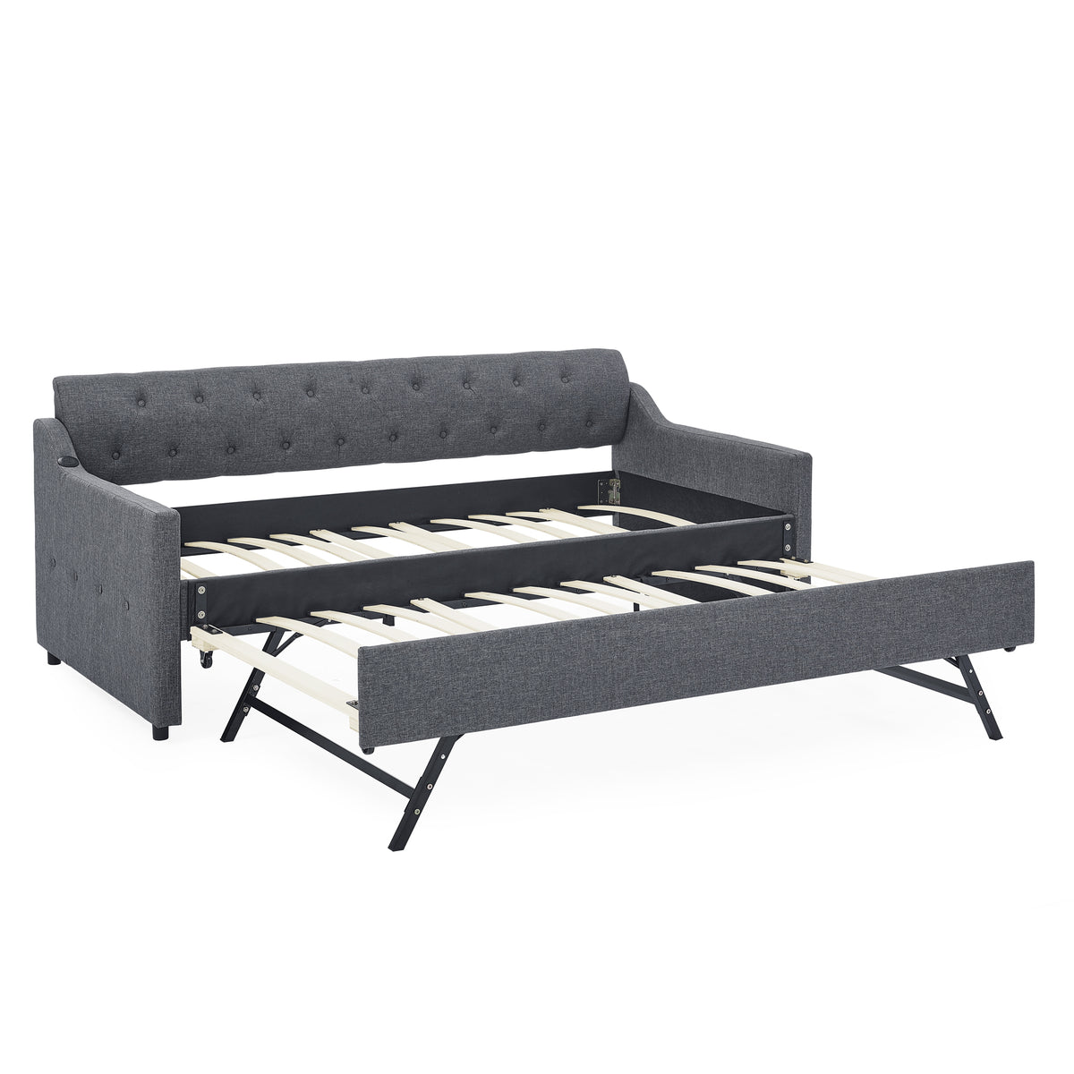 Twin Size Upholstery Daybed With Twin Size Erectable Trundle And Usb Charging Design, Linen Dark Gray Twin Dark Gray Linen