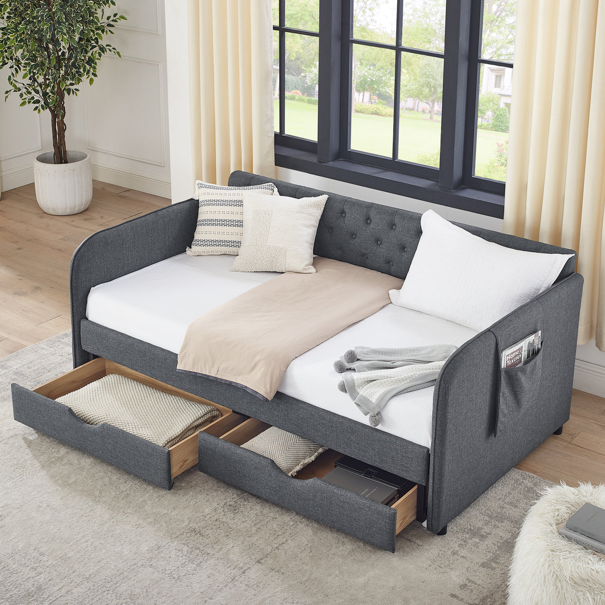 Twin Size Upholstery Daybed With Trundle Bed And Two Storage Drawersflat Arms With Pocket, Extendable Daybed For Bedroom Living Room,Linen Dark Gray Twin Dark Gray Linen