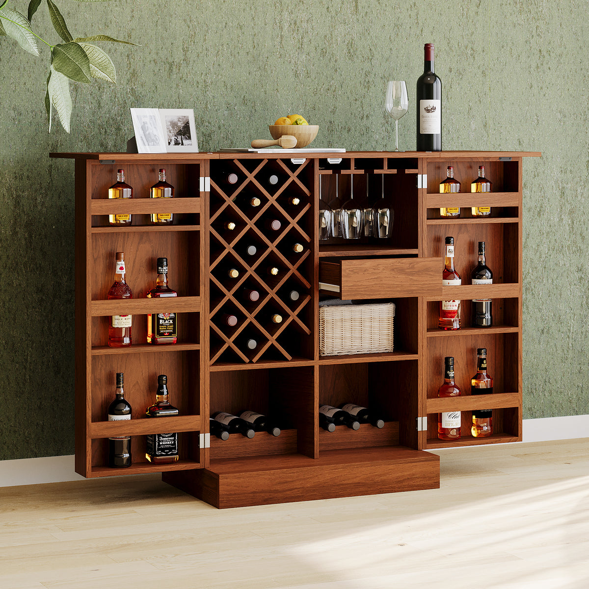 41.9" Home Bar Cabinet, Industrial Walnut Rattan Door Fold Out Bar Cabinet With Storage Bar Table Walnut Dining Room Modern Mdf