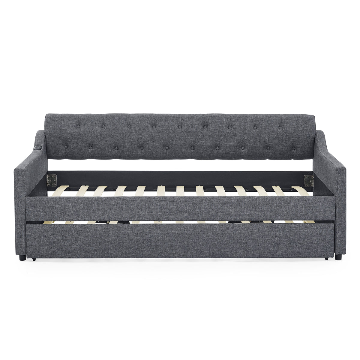 Twin Size Upholstery Daybed With Twin Size Erectable Trundle And Usb Charging Design, Linen Dark Gray Twin Dark Gray Linen