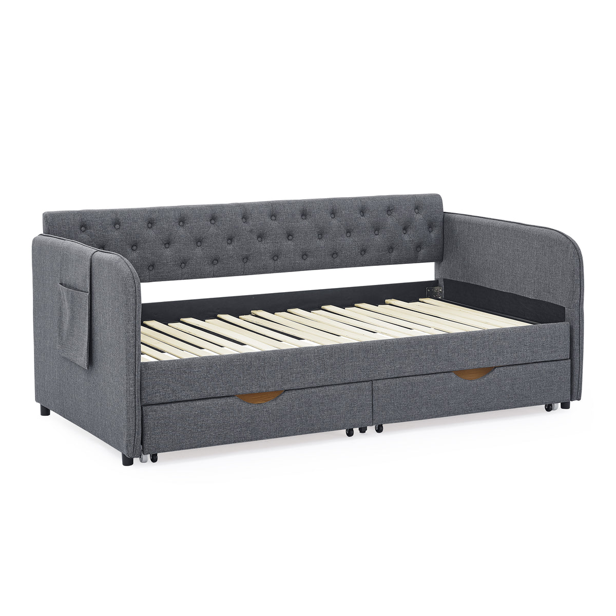 Twin Size Upholstery Daybed With Trundle Bed And Two Storage Drawersflat Arms With Pocket, Extendable Daybed For Bedroom Living Room,Linen Dark Gray Twin Dark Gray Linen