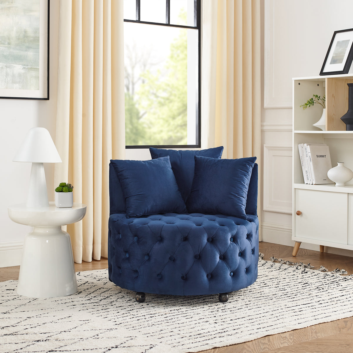 Velvet Upholstered Swivel Chair For Living Room, With Button Tufted Design And Movable Wheels, Including 3 Pillows, Blue Blue Foam