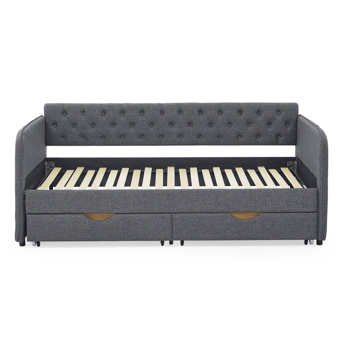 Twin Size Upholstery Daybed With Trundle Bed And Two Storage Drawersflat Arms With Pocket, Extendable Daybed For Bedroom Living Room,Linen Dark Gray Twin Dark Gray Linen