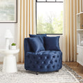 Velvet Upholstered Swivel Chair For Living Room, With Button Tufted Design And Movable Wheels, Including 3 Pillows, Blue Blue Foam