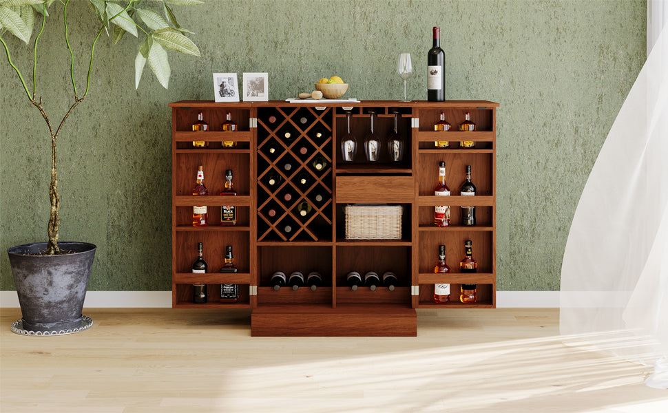 41.9" Home Bar Cabinet, Industrial Walnut Rattan Door Fold Out Bar Cabinet With Storage Bar Table Walnut Dining Room Modern Mdf