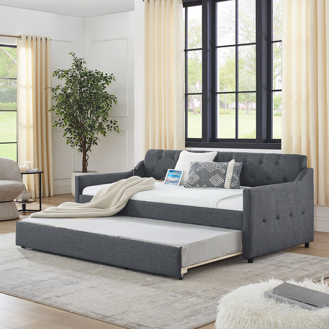 Twin Size Upholstery Daybed With Twin Size Erectable Trundle And Usb Charging Design, Linen Dark Gray Twin Dark Gray Linen