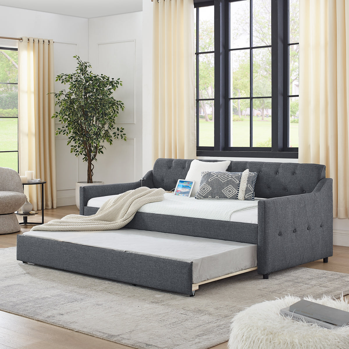Twin Size Upholstery Daybed With Twin Size Erectable Trundle And Usb Charging Design, Linen Dark Gray Twin Dark Gray Linen