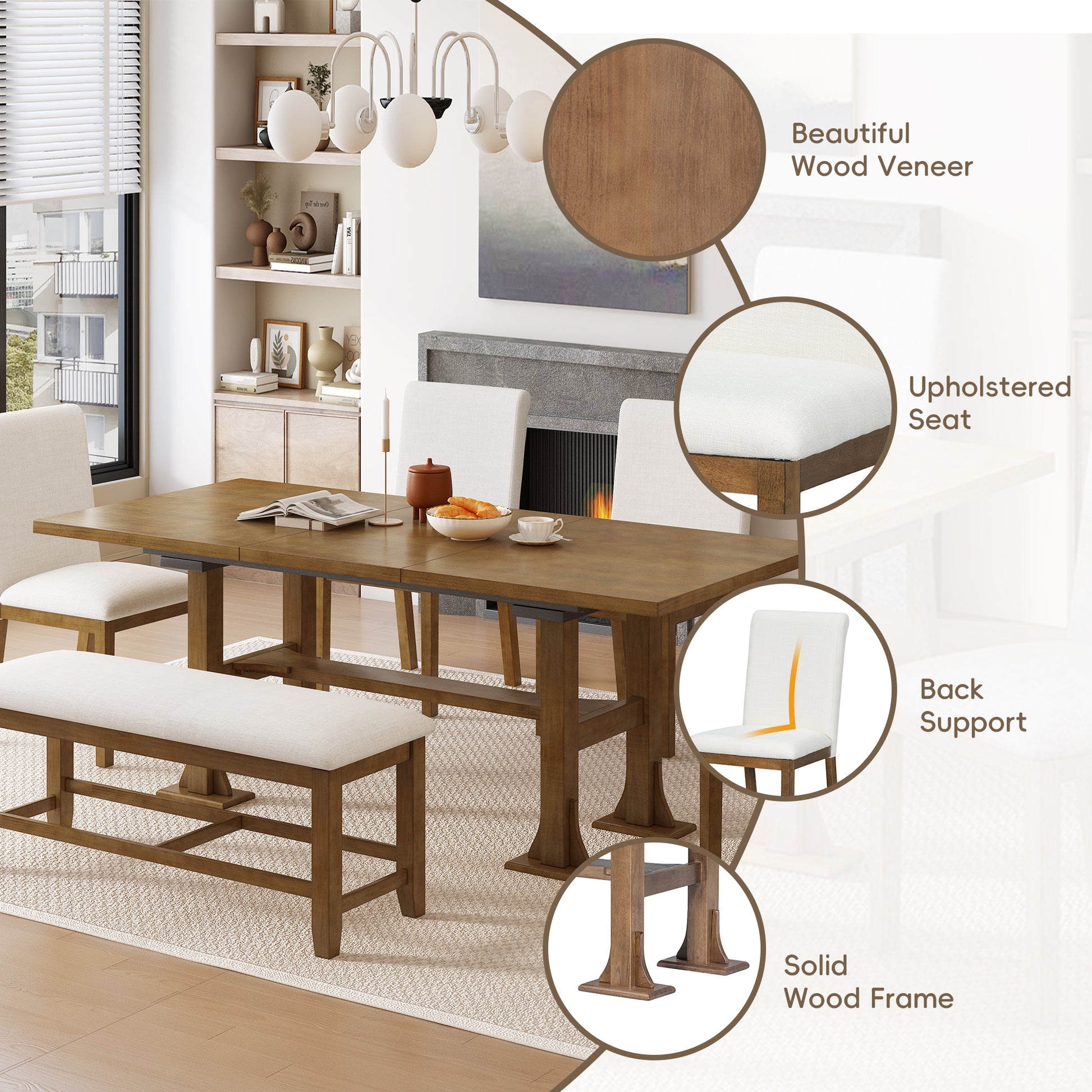 Farmhouse 76Inch 6 Piece Extendable Dining Table Set Trestle Kitchen Table Set With 18Inch Removable Leaf And Upholstered Dining Chair And Bench For Dining Room, Dark Brown Wood Dining Room