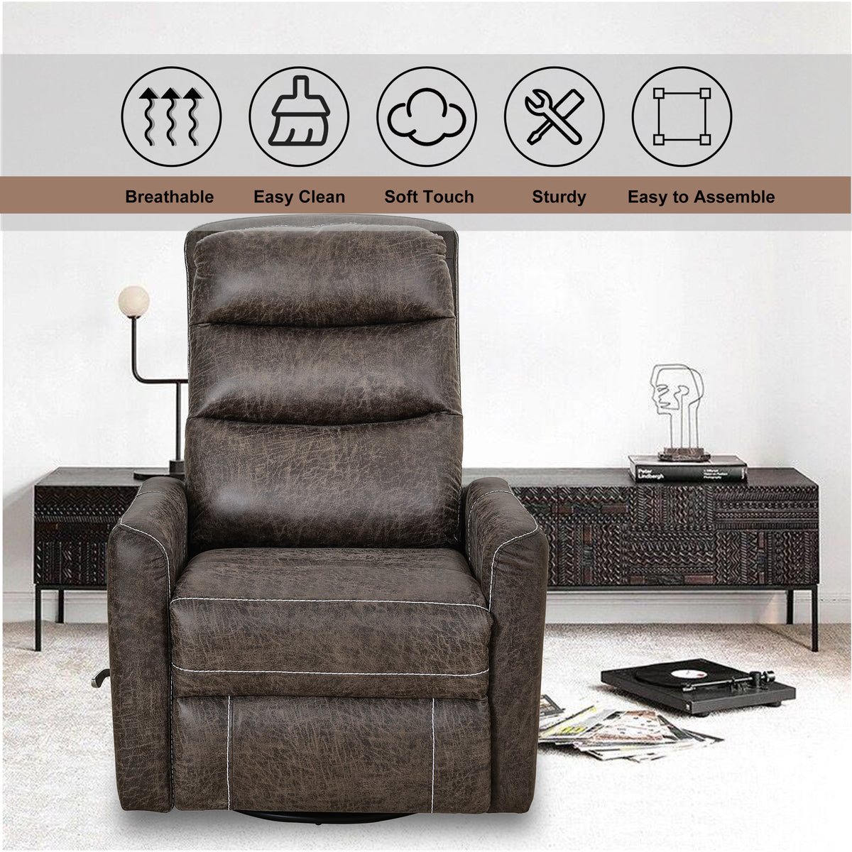 Swivel Glider Rocker Recliner Chair For Nursery,Manual Swivel Rocking Recliner,Mordern Home Theater Seating Soft Reclining Chairs For Living Room,Brown Antique Brown Primary Living Space Memory Foam Wipe Clean American Traditional Handle Memory Foam