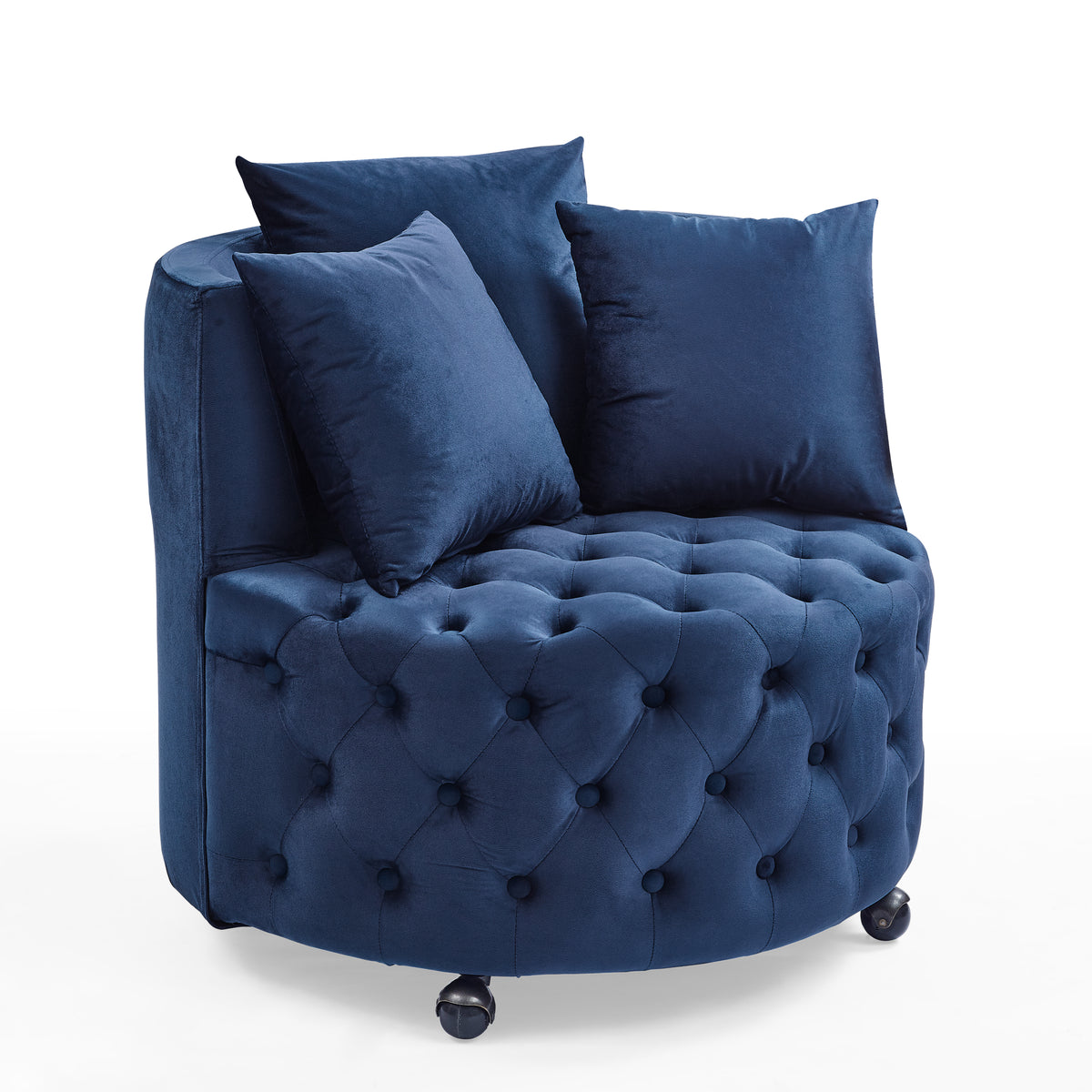 Velvet Upholstered Swivel Chair For Living Room, With Button Tufted Design And Movable Wheels, Including 3 Pillows, Blue Blue Foam