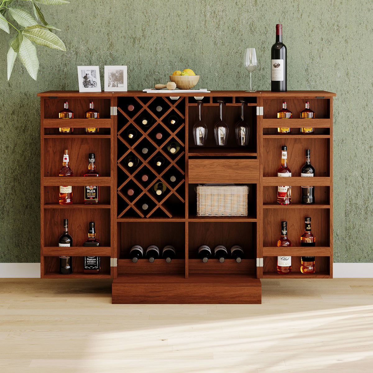 41.9" Home Bar Cabinet, Industrial Walnut Rattan Door Fold Out Bar Cabinet With Storage Bar Table Walnut Dining Room Modern Mdf