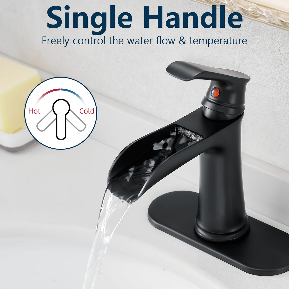 Sink Faucet With Deck Plate Waterfall Black With Pop Up Drain And Supply Lines Bathroom Faucets For Sink 1 Hole Or 3 Holes One Handle Faucets Vanity Bath Mixer Tap Bathroom Joystick Geometric One Black Side Sprayer Deck Mounted Cartridge Valve Single