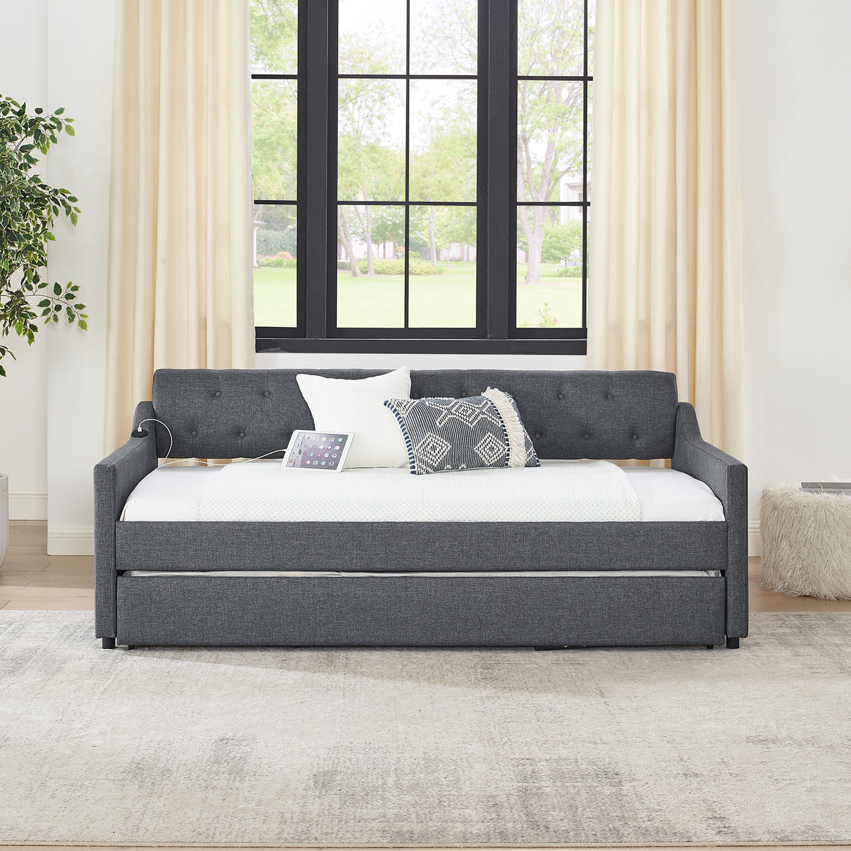 Twin Size Upholstery Daybed With Twin Size Erectable Trundle And Usb Charging Design, Linen Dark Gray Twin Dark Gray Linen