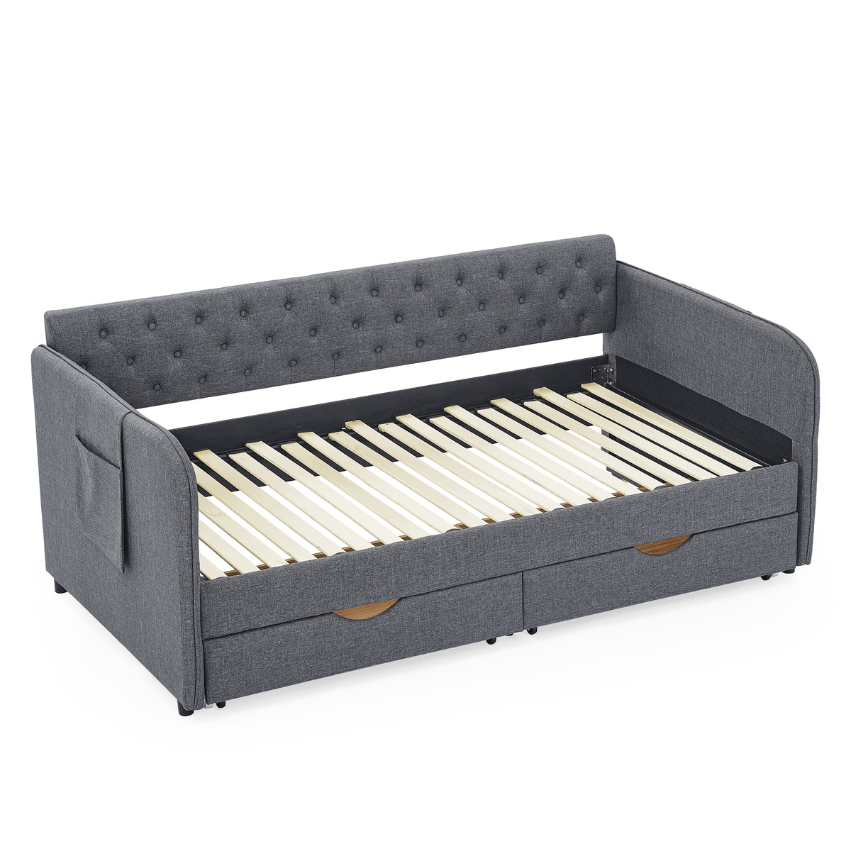 Twin Size Upholstery Daybed With Trundle Bed And Two Storage Drawersflat Arms With Pocket, Extendable Daybed For Bedroom Living Room,Linen Dark Gray Twin Dark Gray Linen