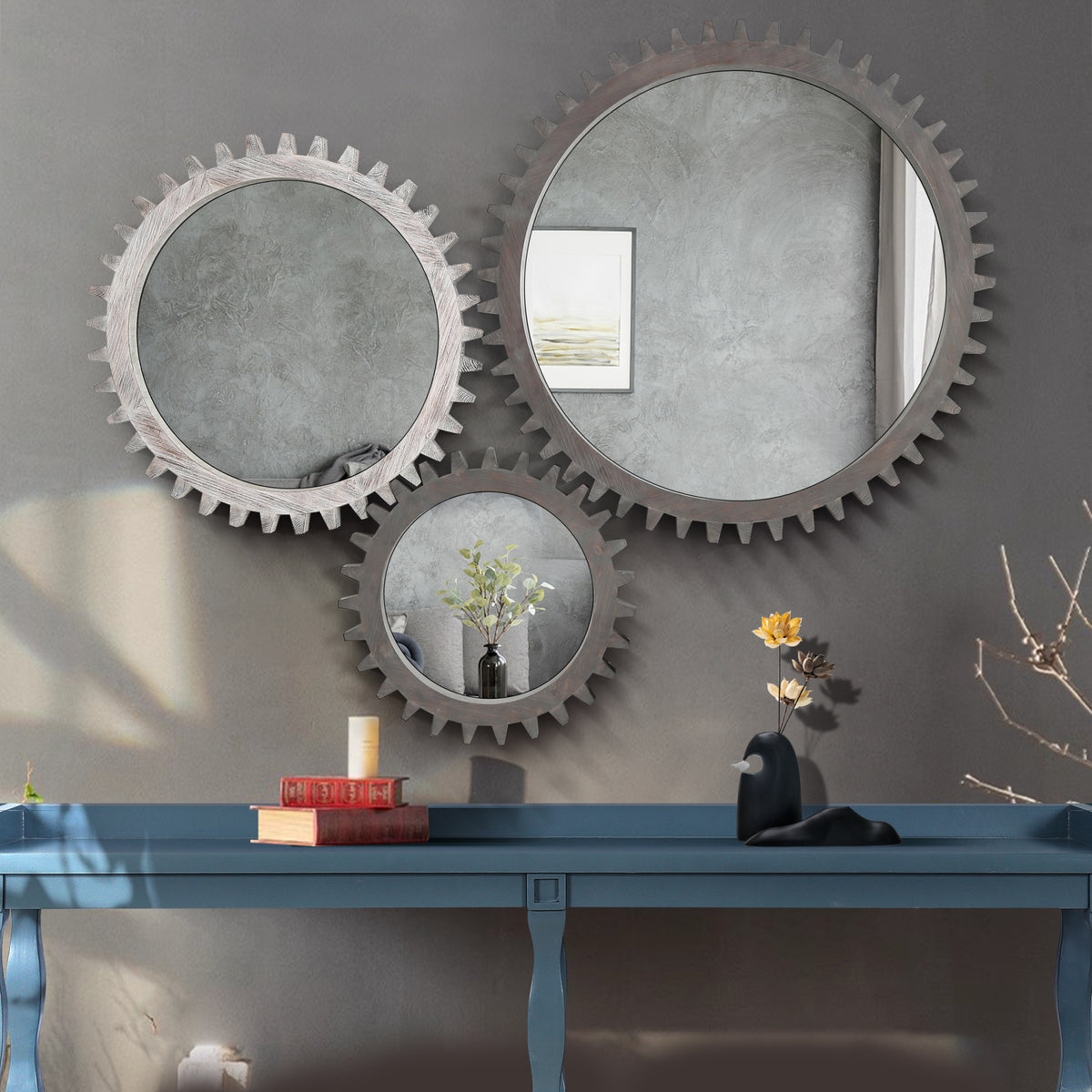 Vintage 17'' X 17'' Wood Round Hanging Gear Shape Decorative Mirror Patchwork Effect With Large Size Mirrors Individually On Art Walls,Sold Individually Antique White Washed White Washed American Design Solid Wood Mdf Mirror