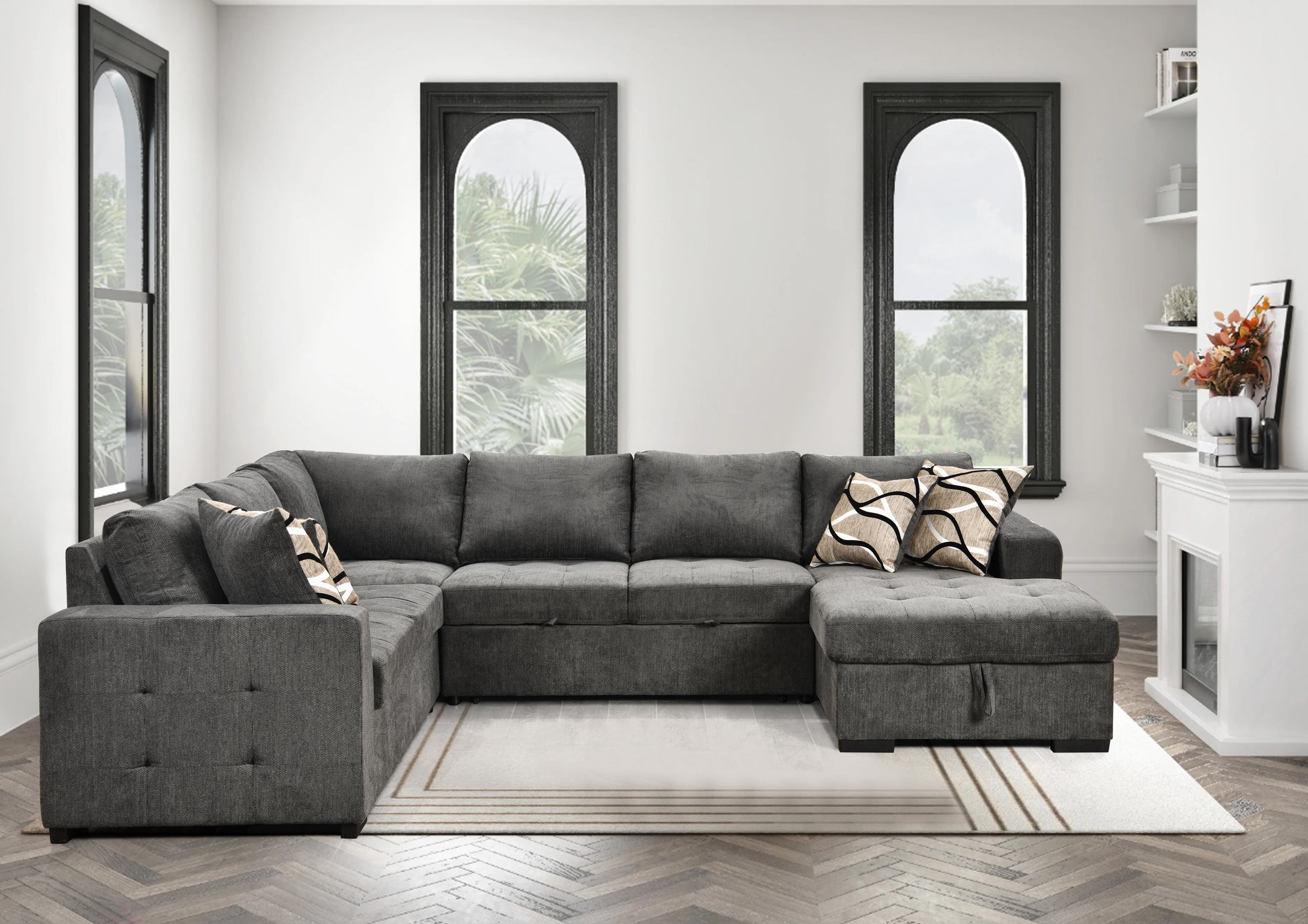 123" Oversized Sectional Sofa With Storage Chaise, U Shaped Sectional Couch With 4 Throw Pillows For Large Space Dorm Apartment. Charcoal Grey Light Brown Wood Primary Living Space Medium Duty