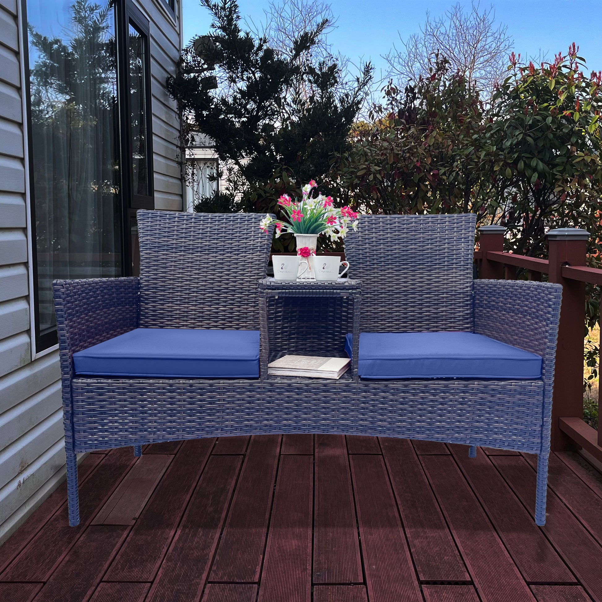 Wicker Patio Conversation Furniture Set, Outdoor Furniture Set With Removable Cushions & Table, Tempered Glass Top, Modern Rattan Bench For Garden Lawn Backyard Yes Complete Patio Set Blue Brown Weather Resistant Frame Water Resistant Cushion Garden &