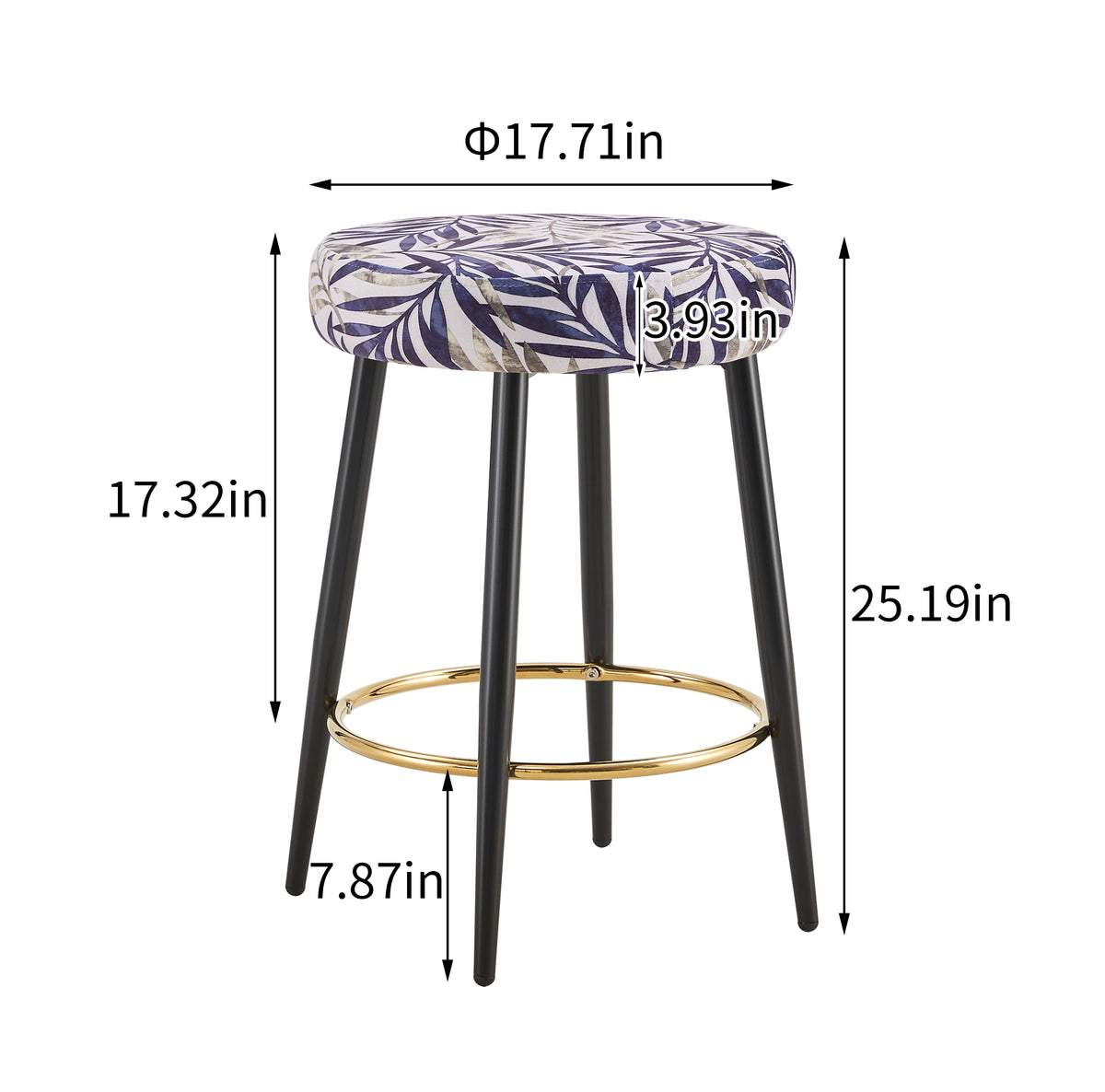 Counter Height Bar Stools Set Of 2, Pu Kitchen Stools Upholstered Dining Chair Stools 24 Inches Height With Golden Footrest For Kitchen Island Coffee Shop Bar Home Balcony Silver Leaves Velvet Cushion Alloy Steel Black And Silver Kitchen Foam Dry Clean