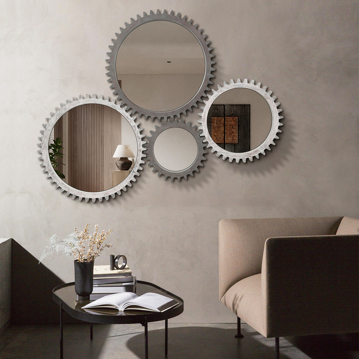 Vintage 26'' X 26'' Wall Wood Round Hanging Gear Shape Heavy Decorative Mirror For Bathroom Living Room Entryway Or Put Together To Your Liking Antique Dark Brown Dark Brown Antique Glass Mirror