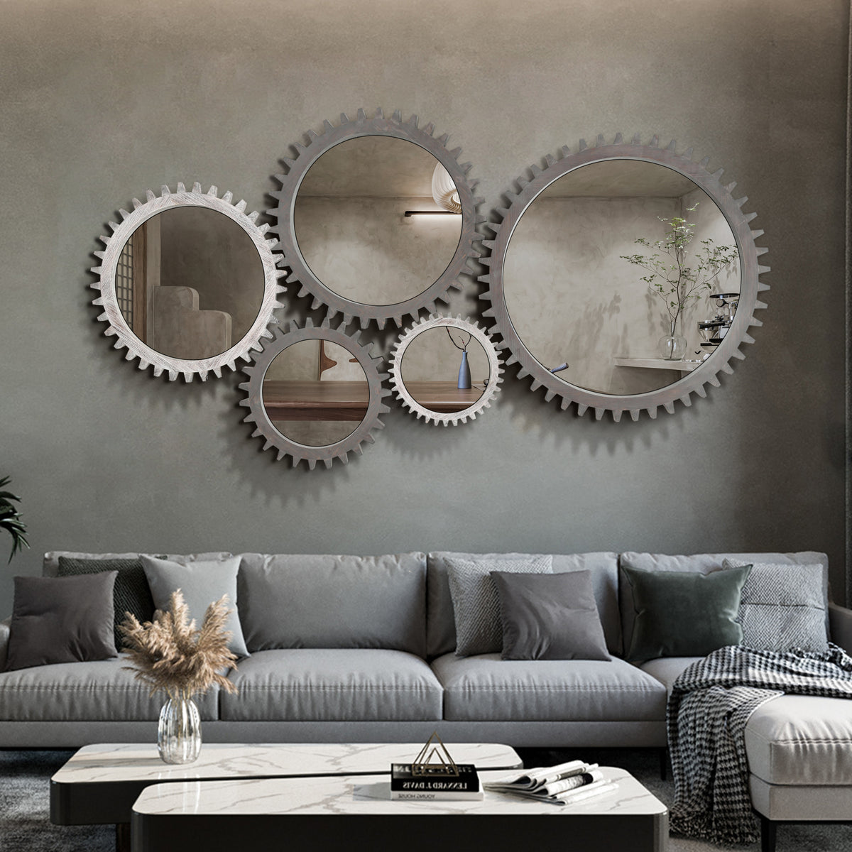 Vintage 17'' X 17'' Wood Round Hanging Gear Shape Decorative Mirror Patchwork Effect With Large Size Mirrors Individually On Art Walls,Sold Individually Antique White Washed White Washed American Design Solid Wood Mdf Mirror
