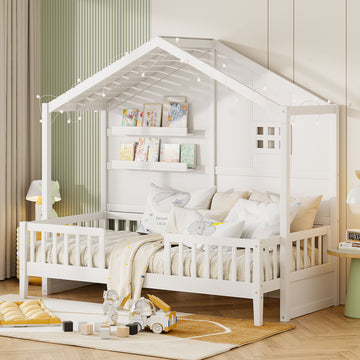 Twin Size House Bed With Shelves, House Bed With Window And Sparkling Light Strip On The Roof, White Twin White Solid Wood Mdf