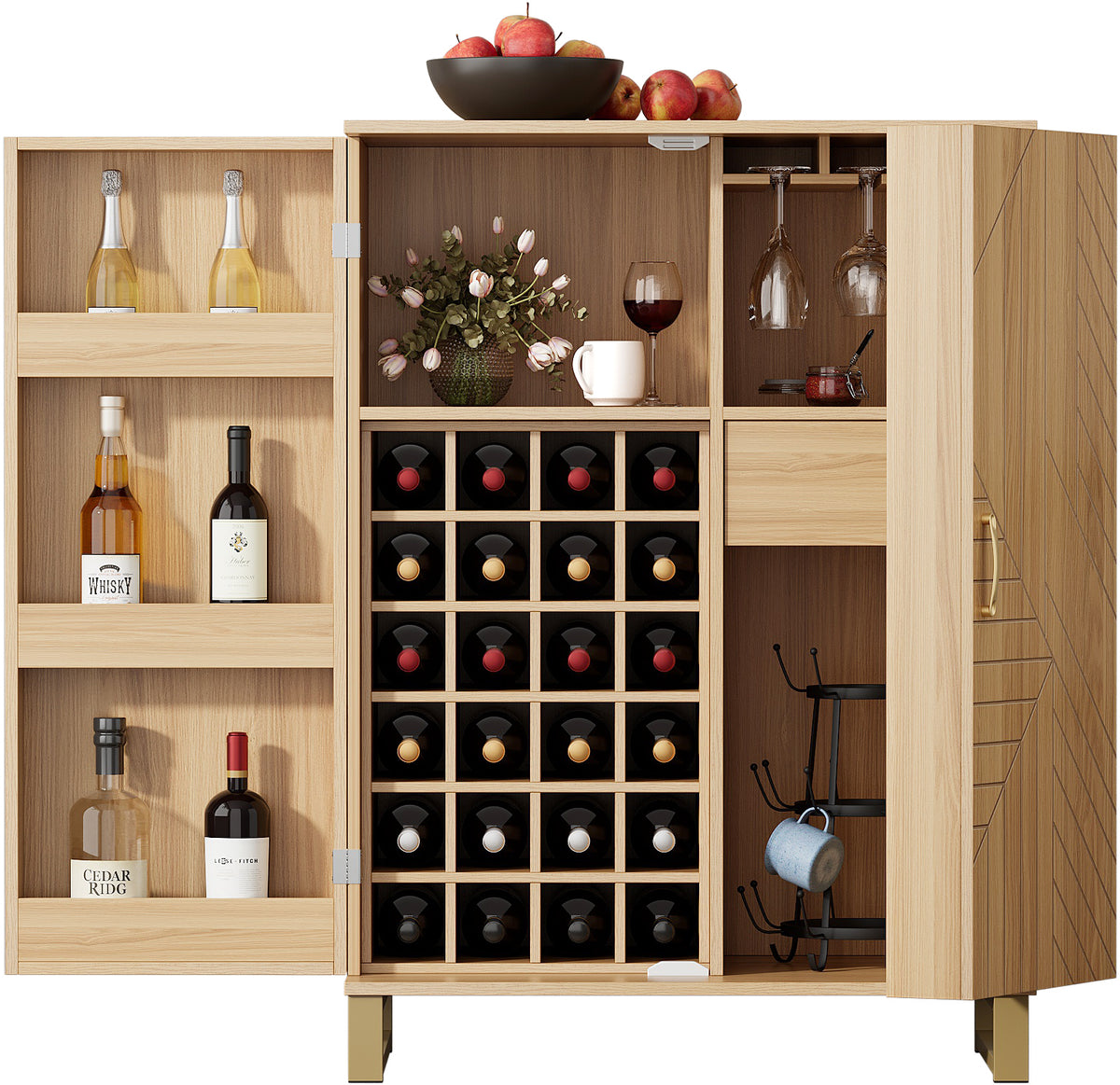 42.5" Modern Home Bar Cabinet Carved Wine Cabinet With Storage Natural Dining Room Contemporary Mdf