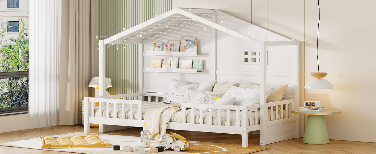 Twin Size House Bed With Shelves, House Bed With Window And Sparkling Light Strip On The Roof, White Twin White Solid Wood Mdf