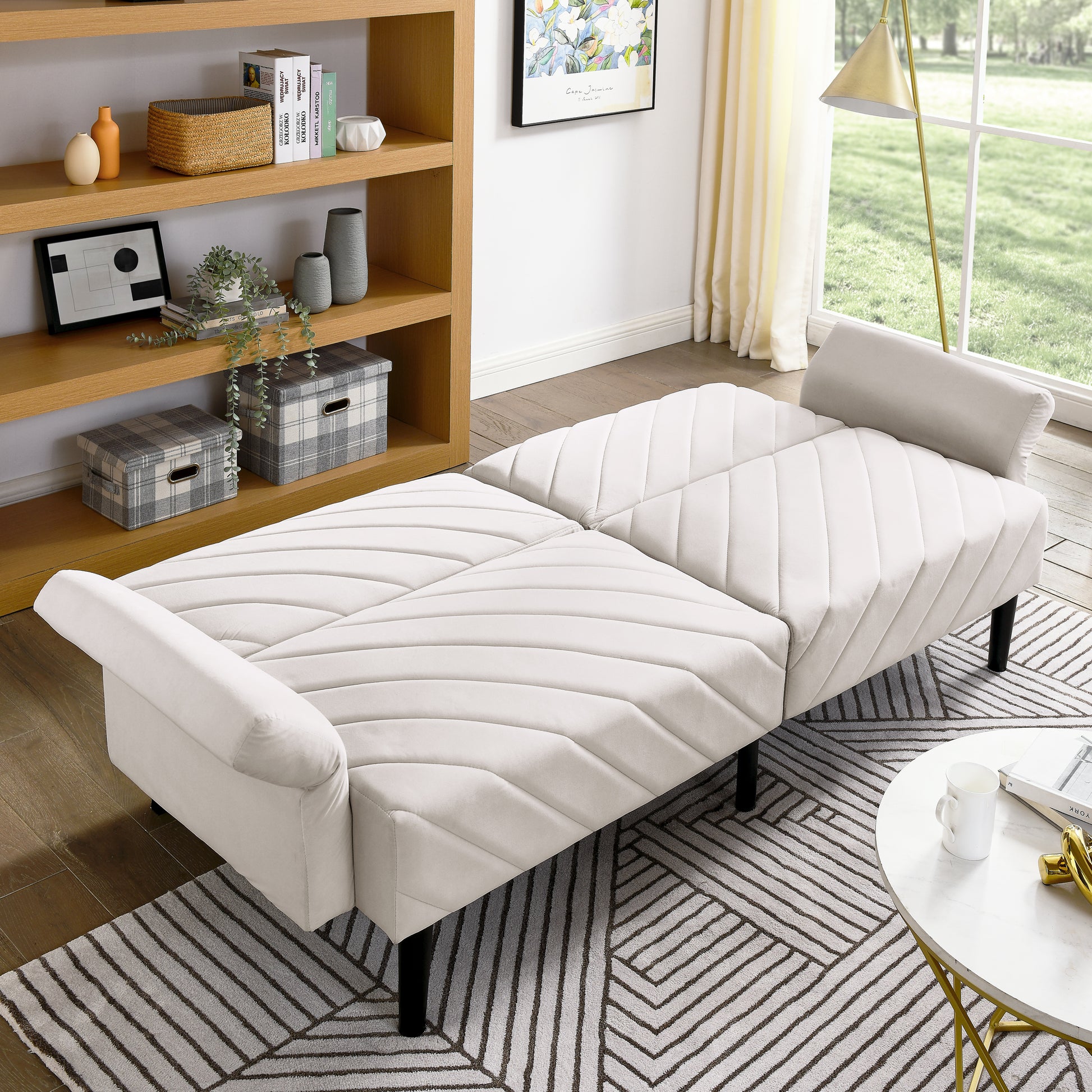 Velvet Futon Couch Convertible Folding Sofa Bed Tufted Couch With Adjustable Armrests For Apartment Beige Velvet Metal Primary Living Space Split Back Eucalyptus Square Arms Foam 3 Seat
