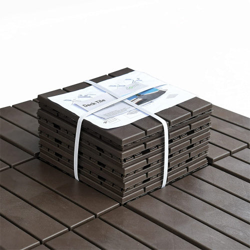 Patio Interlocking Deck Tiles, 12"X12" Square Composite Decking Tiles, Four Slat Plastic Outdoor Flooring Tile All Weather For Balcony Porch Backyard, Dark Brown, Pack Of 36 Brown Plastic