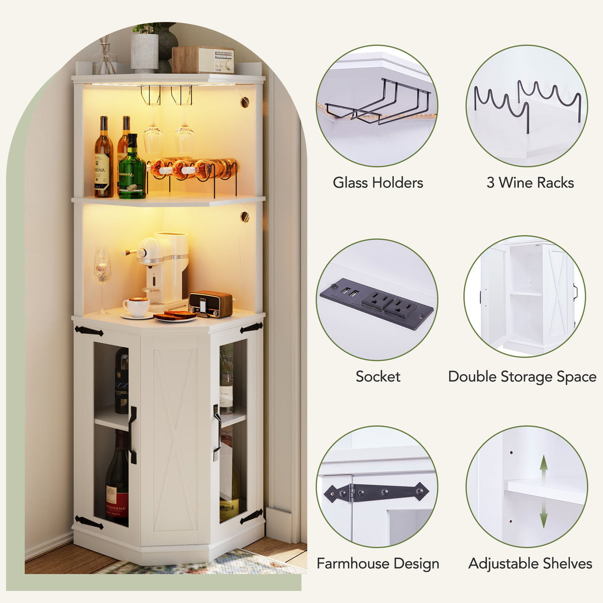 67.7" Corner Bar Cabinet With Power Outlet, Farmhouse Wine Bar Cabinet With Adjustable Shelves For Home,With Lights & Glass Rack For Dining Room, Living Room, Kitchen White Dining Room Classic Mdf
