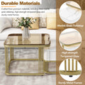 Nesting Coffee Table With Drawer, Set Of 2, Exquisite Square Stacking Coffee Tables With Brown Tempered Glass, Side Table With High Gloss Marble Grain Tabletop For Living Room, White White Gold Primary Living Space Drawers Square Mdf Steel